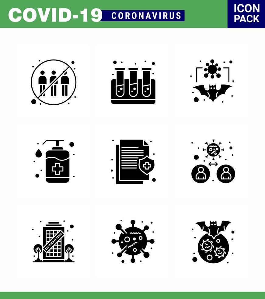 Coronavirus Prevention Set Icons 9 Solid Glyph Black icon such as wash handcare bat hand virus viral coronavirus 2019nov disease Vector Design Elements