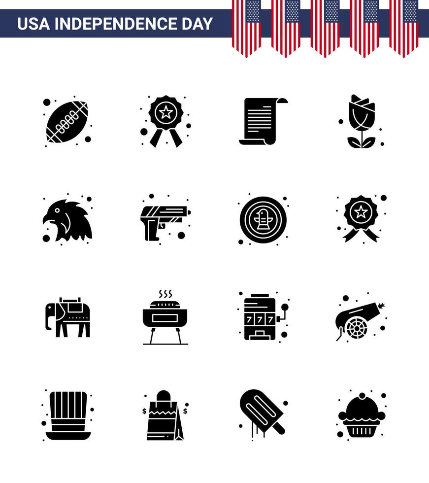 Pack of 16 USA Independence Day Celebration Solid Glyphs Signs and 4th July Symbols such as bird plent file usa flower Editable USA Day Vector Design Elements