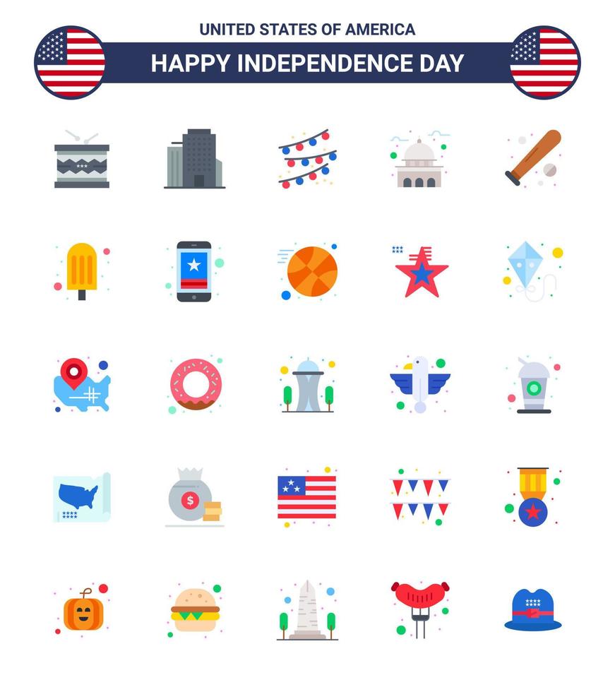 25 signos planos de estados unidos celebración del día de la independencia símbolos de béisbol empavesados blancos casa de estados unidos elementos de diseño vectorial editables del día de estados unidos vector