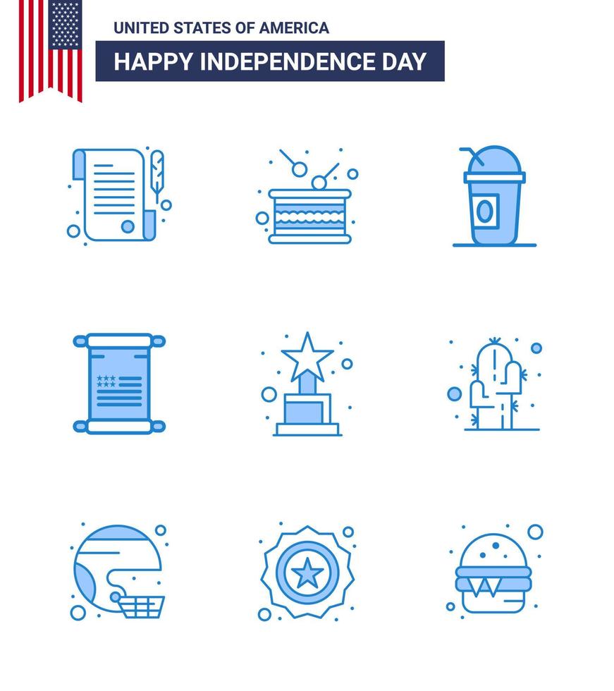 Set of 9 Vector Blues on 4th July USA Independence Day such as award usa america american scroll Editable USA Day Vector Design Elements