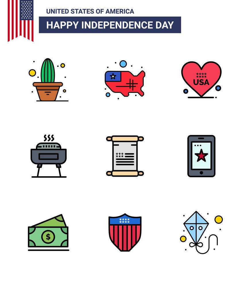 Flat Filled Line Pack of 9 USA Independence Day Symbols of text holiday heart festivity barbeque Editable USA Day Vector Design Elements
