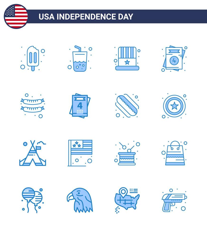 USA Happy Independence DayPictogram Set of 16 Simple Blues of sausage food cap wedding love Editable USA Day Vector Design Elements