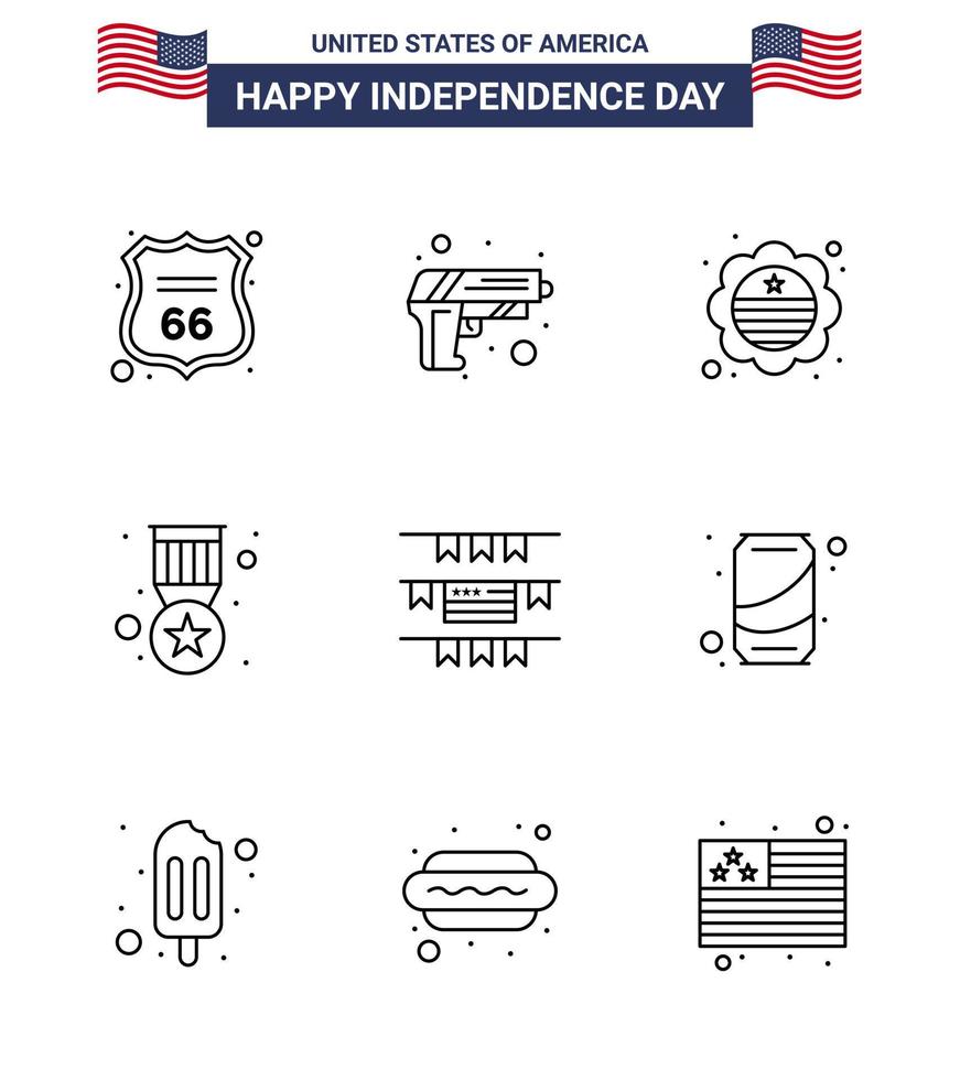 Big Pack of 9 USA Happy Independence Day USA Vector Lines and Editable Symbols of party decoration military country medal award Editable USA Day Vector Design Elements