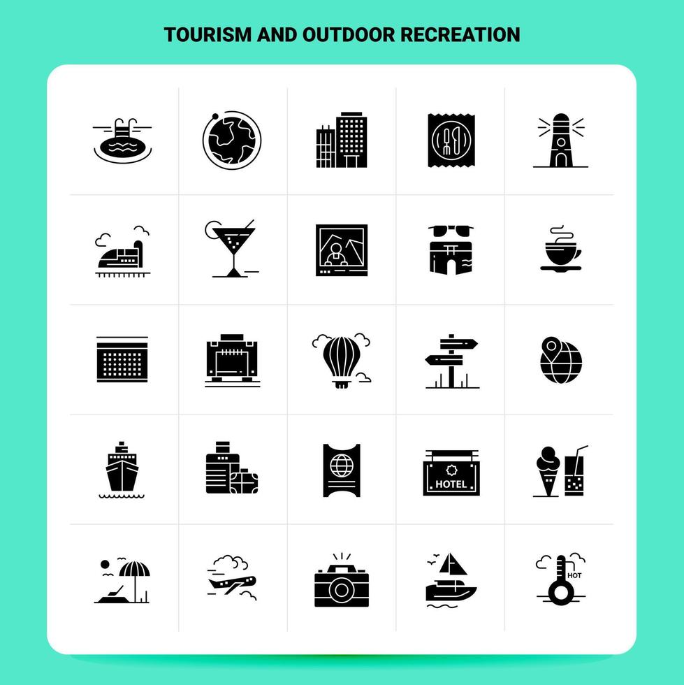 sólido 25 conjunto de iconos de turismo y recreación al aire libre diseño de estilo de glifo vectorial conjunto de iconos negros diseño de ideas de negocios web y móviles ilustración vectorial vector