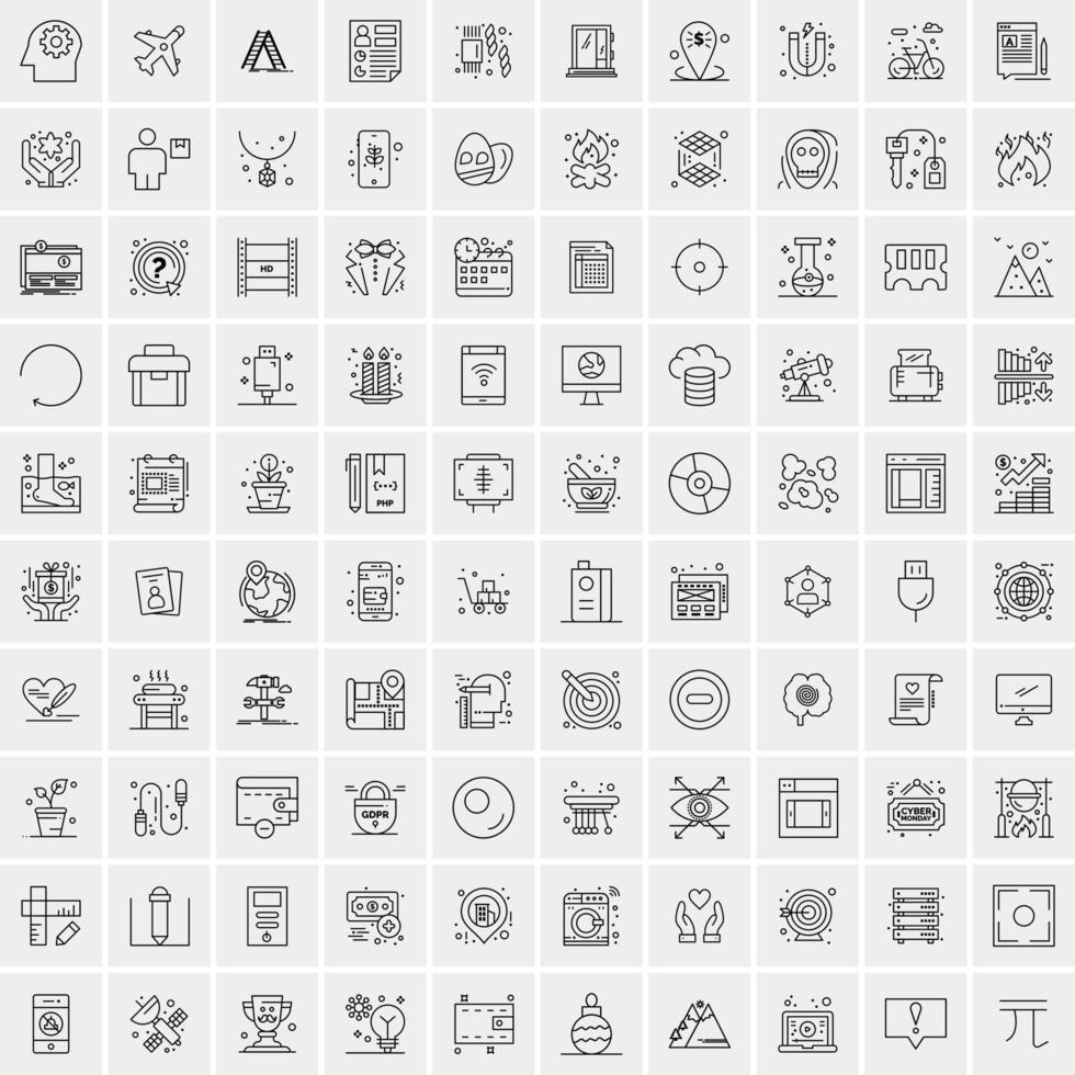 100 Universal Black Line Icons on White Background vector