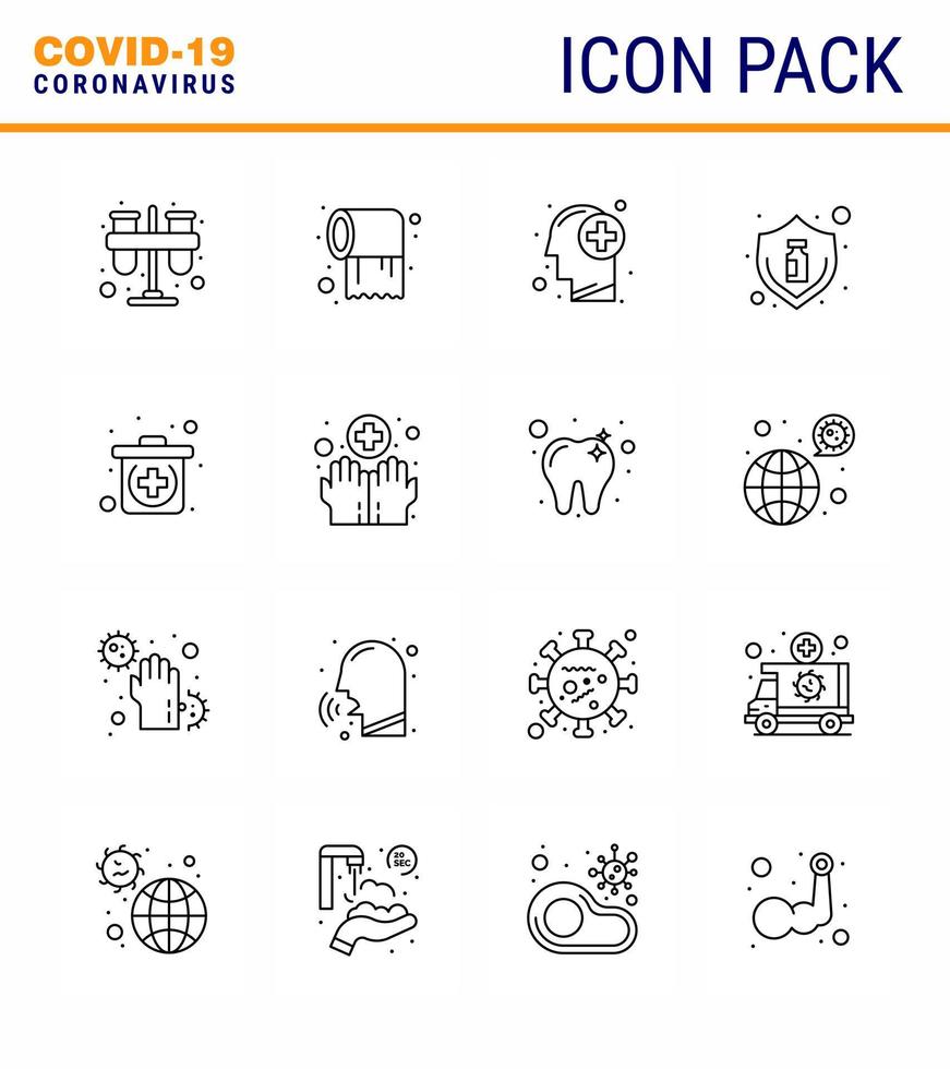 16 Line Set of corona virus epidemic icons such as bottle vaccine care protection human viral coronavirus 2019nov disease Vector Design Elements