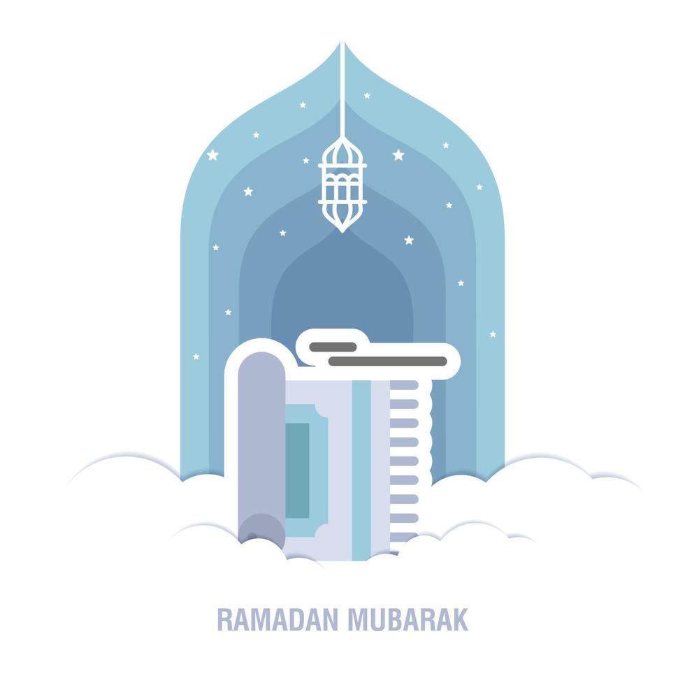 Ramadan Kareem islamic design crescent moon and mosque dome silhouette with arabic pattern and calligraphy vector