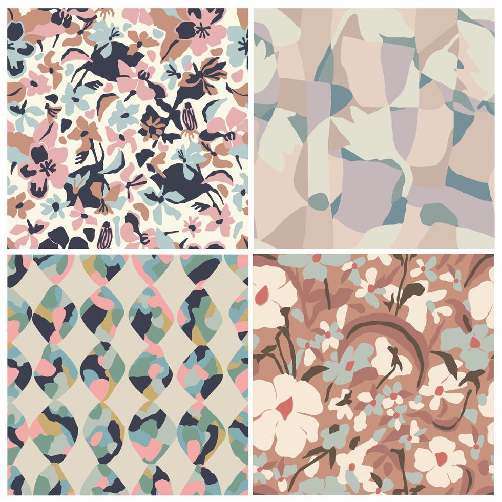 Vector abstract flower illustration seamless repeat pattern 4 designs set