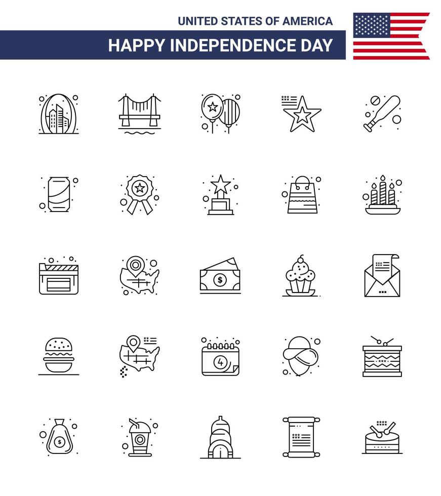 paquete de iconos de vector de stock de día americano 25 signos y símbolos de línea para el paisaje urbano de la bandera de béisbol fiesta americana elementos de diseño de vector de día de estados unidos editables