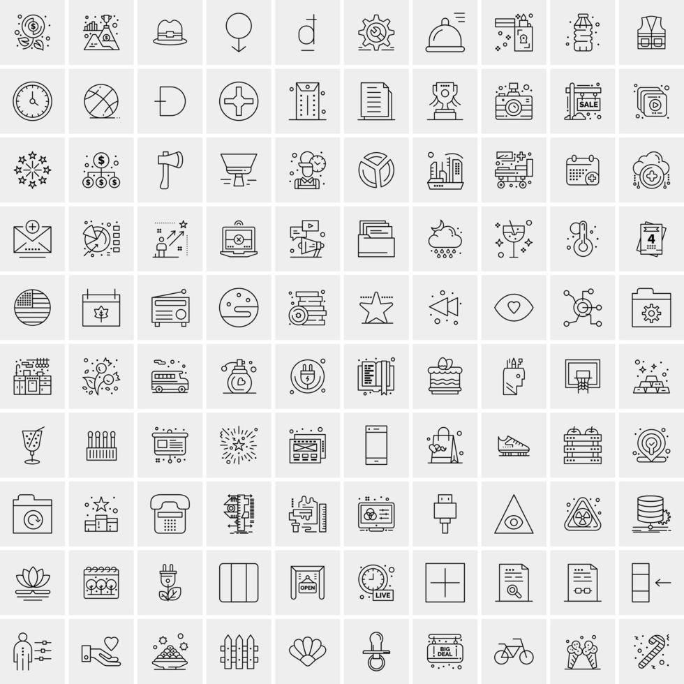 100 Universal Black Line Icons on White Background vector