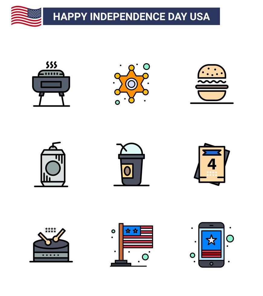 feliz día de la independencia 4 de julio conjunto de 9 líneas planas llenas pictografía americana de la botella de bebida de hamburguesa estadounidense de estados unidos elementos de diseño vectorial editables del día de estados unidos vector