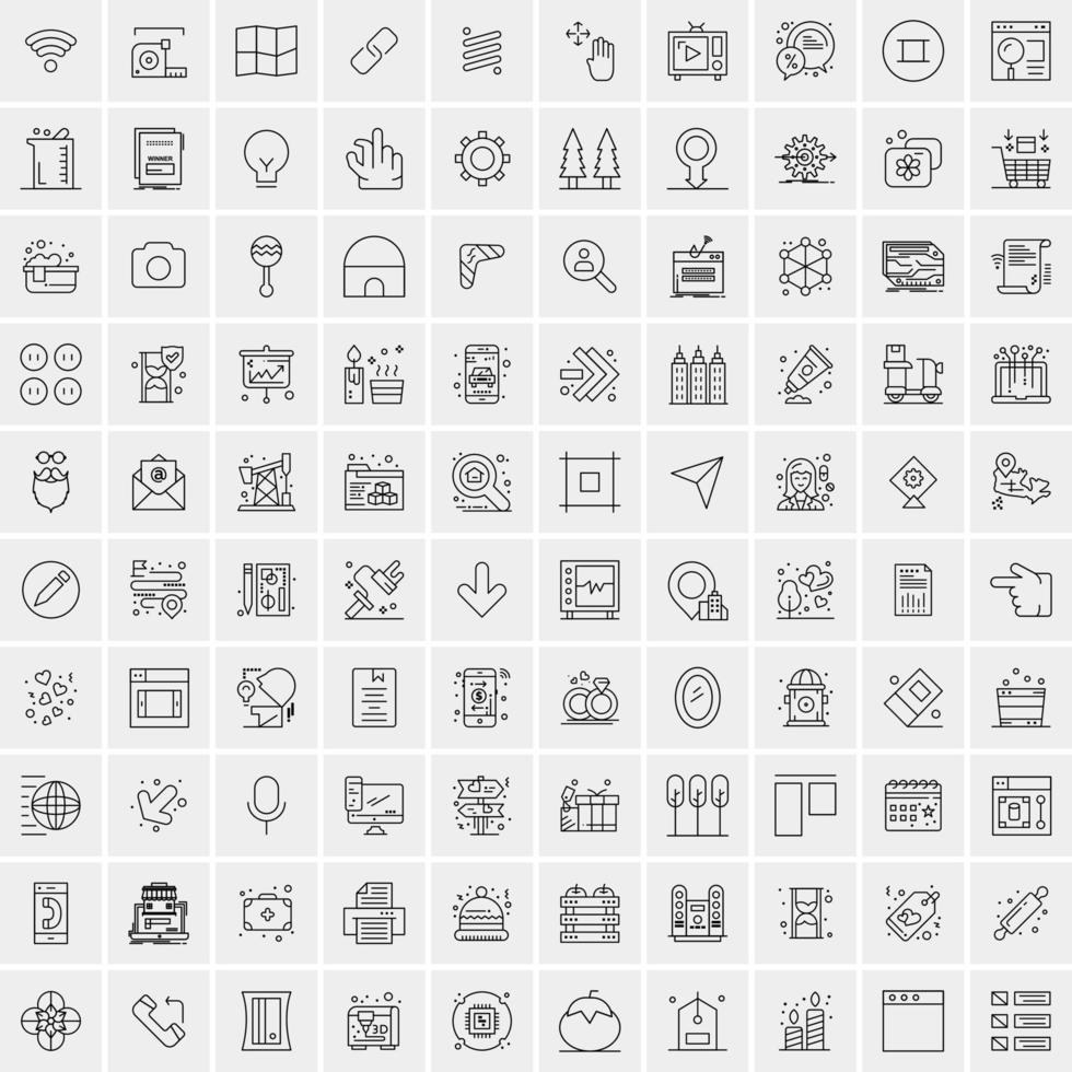 100 Universal Black Line Icons on White Background vector