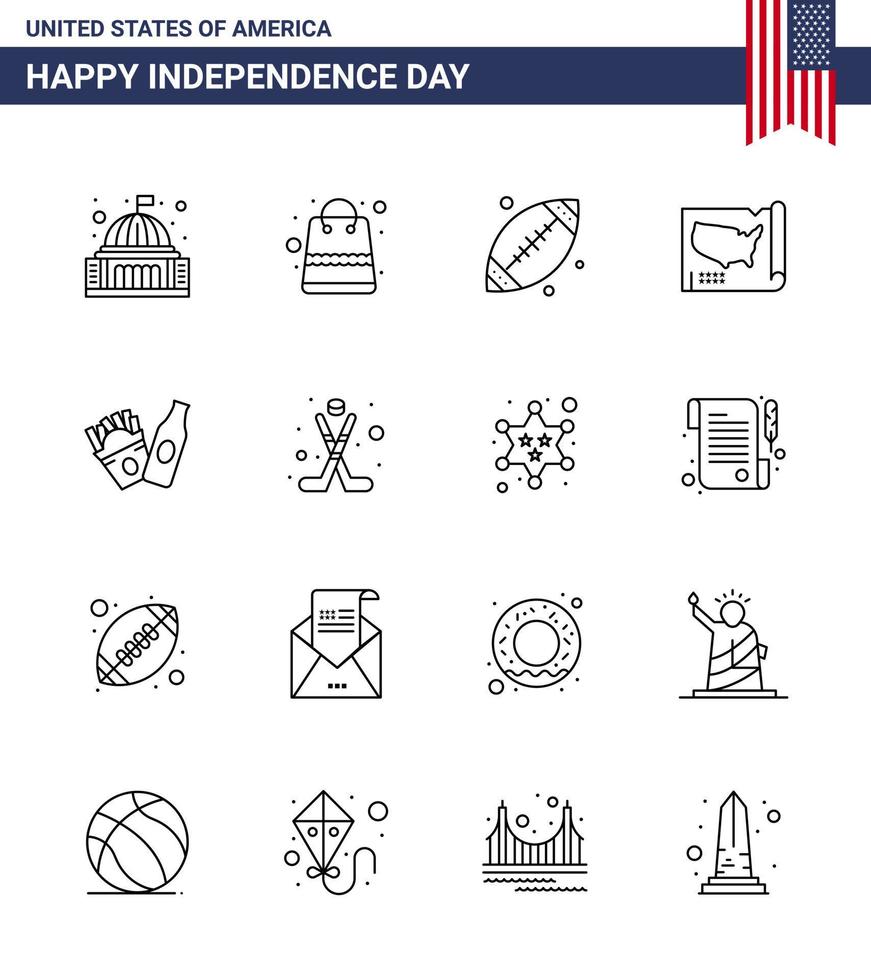 Modern Set of 16 Lines and symbols on USA Independence Day such as bottle united shop states usa Editable USA Day Vector Design Elements