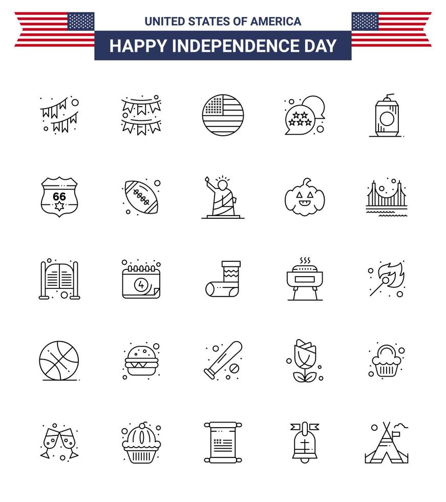 Stock Vector Icon Pack of American Day 25 Line Signs and Symbols for american drink usa cola chat bubble Editable USA Day Vector Design Elements