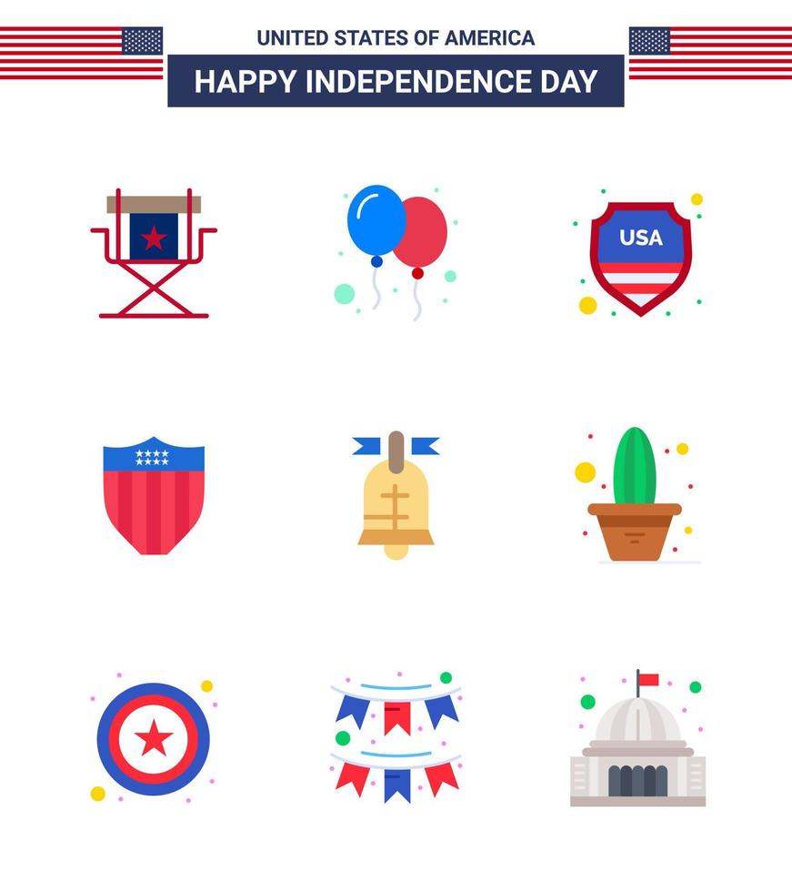 Set of 9 Modern Flats pack on USA Independence Day ball seurity party shield usa Editable USA Day Vector Design Elements