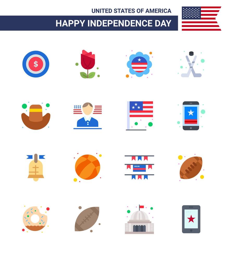 16 signos planos de estados unidos celebración del día de la independencia símbolos de sombrero bandera americana deporte hokey editable día de estados unidos elementos de diseño vectorial vector