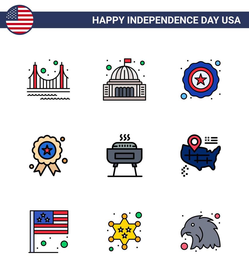 gran paquete de 9 estados unidos feliz día de la independencia líneas planas llenas de vector de estados unidos y símbolos editables de barbacoa día de la independencia punto de referencia independencia estados unidos elementos de diseño de vector de día de estados unidos editables