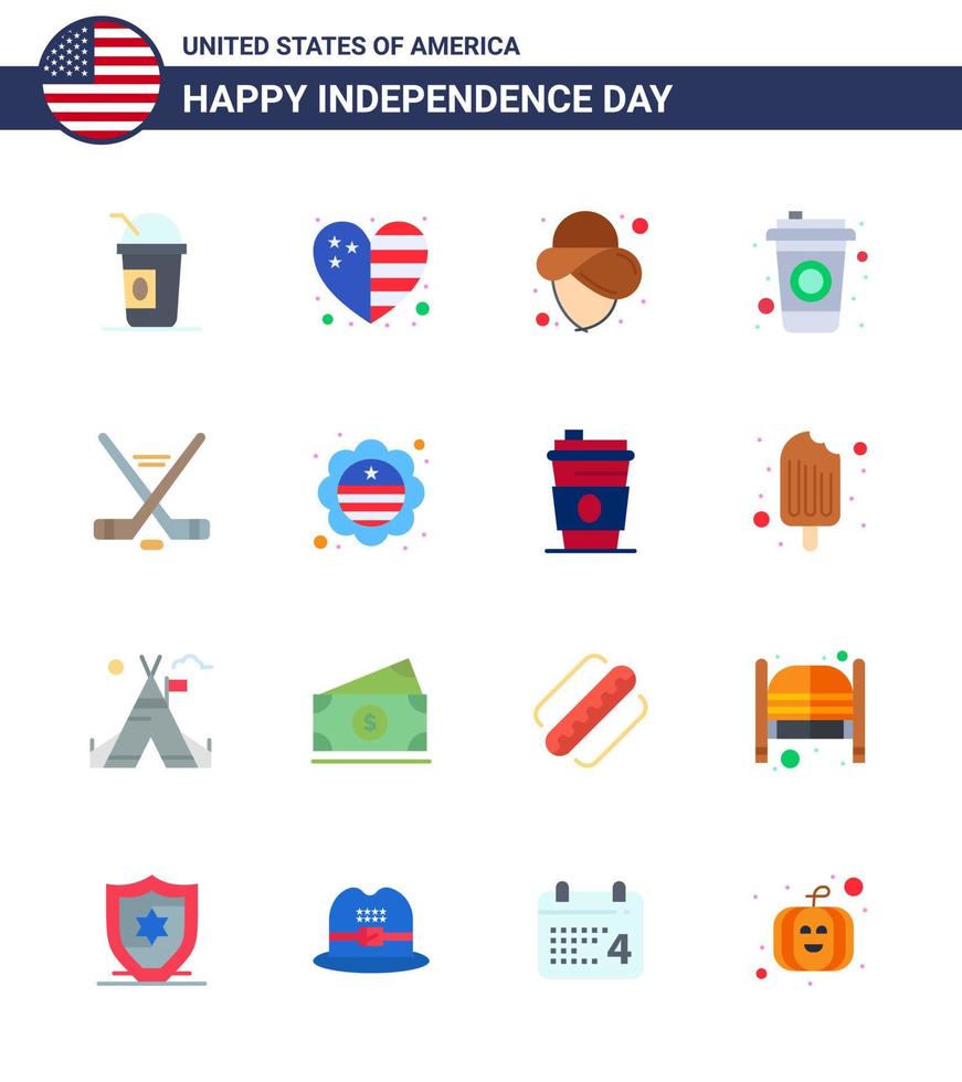 conjunto plano del día de la independencia de estados unidos de 16 pictogramas de estados unidos del deporte de hielo americano estados unidos hokey cola editable elementos de diseño de vectores del día de estados unidos