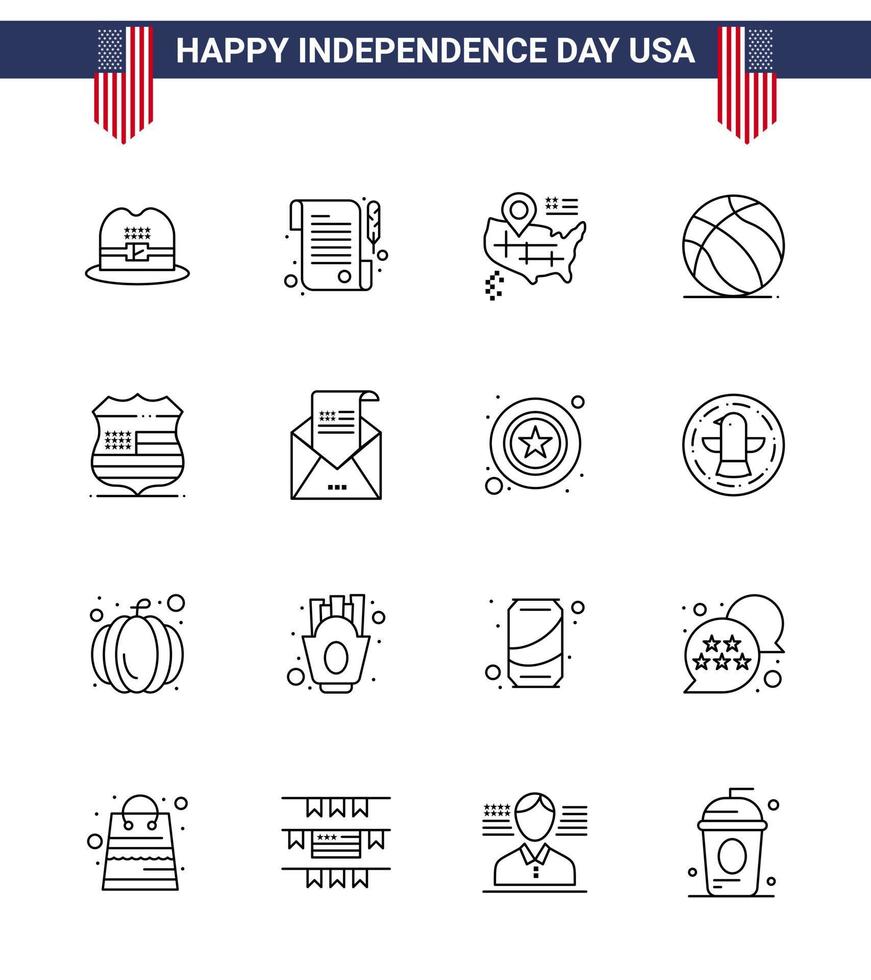 16 USA Line Signs Independence Day Celebration Symbols of email usa american sign usa Editable USA Day Vector Design Elements