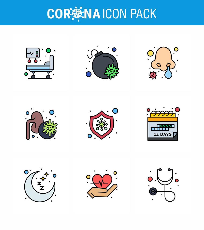 9 Filled Line Flat Color coronavirus epidemic icon pack suck as desease protection nasal infection bacteria lungs viral coronavirus 2019nov disease Vector Design Elements