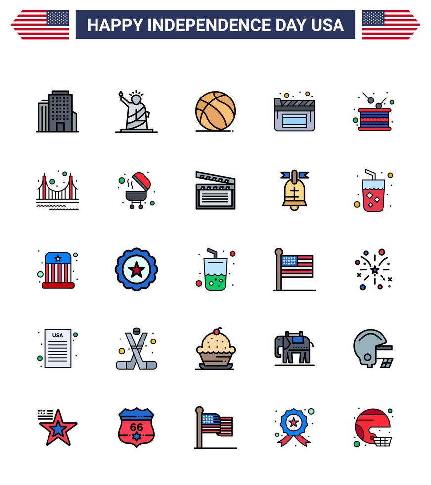 Group of 25 Flat Filled Lines Set for Independence day of United States of America such as holiday day football film cinema Editable USA Day Vector Design Elements