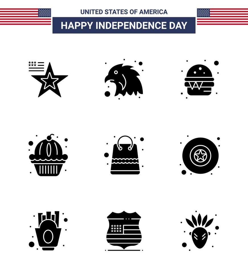 9 USA Solid Glyph Signs Independence Day Celebration Symbols of packages bag fast cake muffin Editable USA Day Vector Design Elements