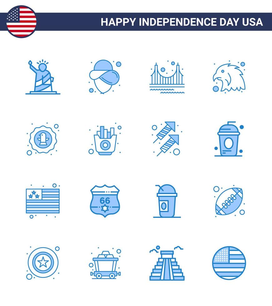 Happy Independence Day 16 Blues Icon Pack for Web and Print bird eagle bridge bird tourism Editable USA Day Vector Design Elements