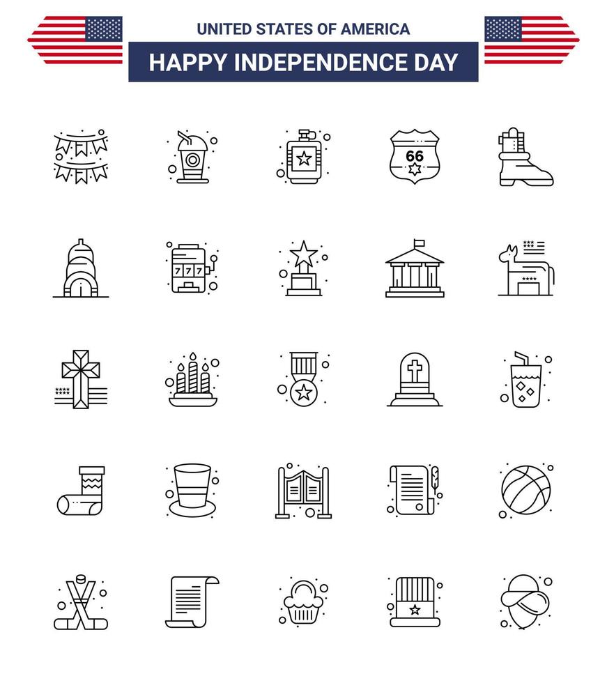 feliz día de la independencia paquete de estados unidos de 25 líneas creativas de escudo de seguridad soda cadera americana elementos de diseño vectorial editables del día de estados unidos vector