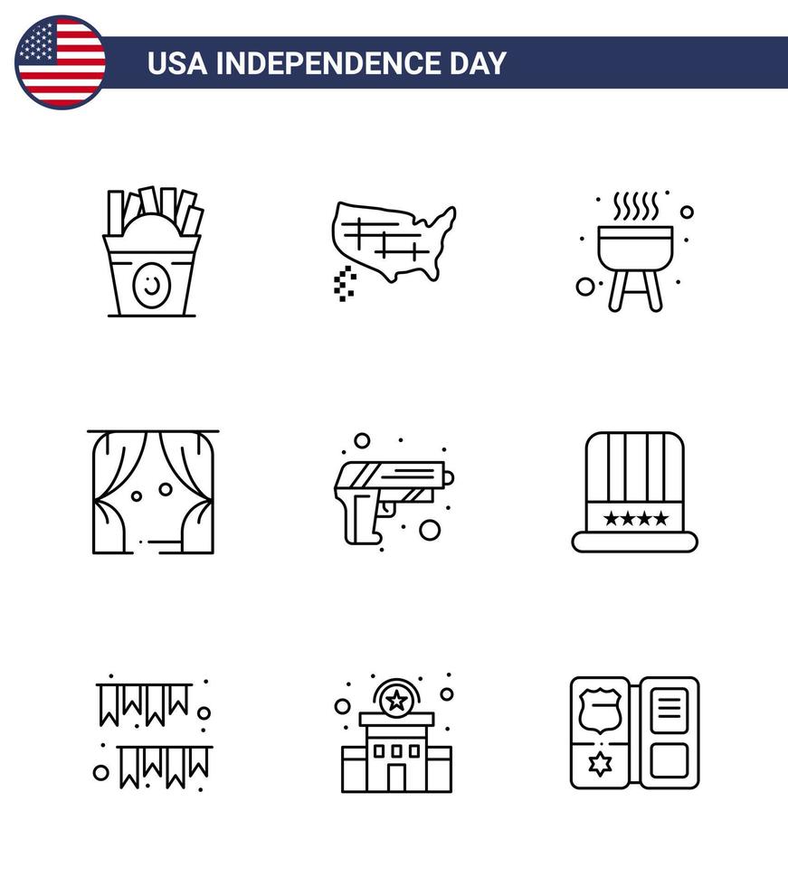 Happy Independence Day 9 Lines Icon Pack for Web and Print army gun barbecue usa leisure Editable USA Day Vector Design Elements