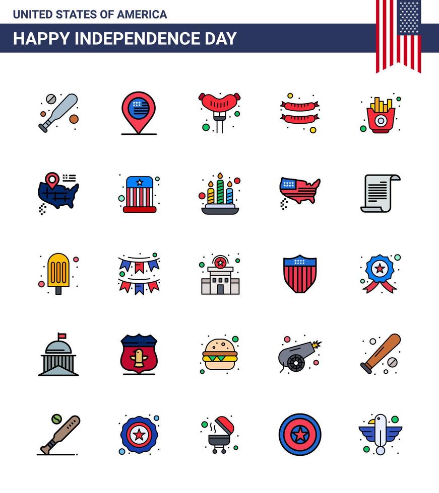 Pack of 25 USA Independence Day Celebration Flat Filled Lines Signs and 4th July Symbols such as circus map frankfurter location fries Editable USA Day Vector Design Elements