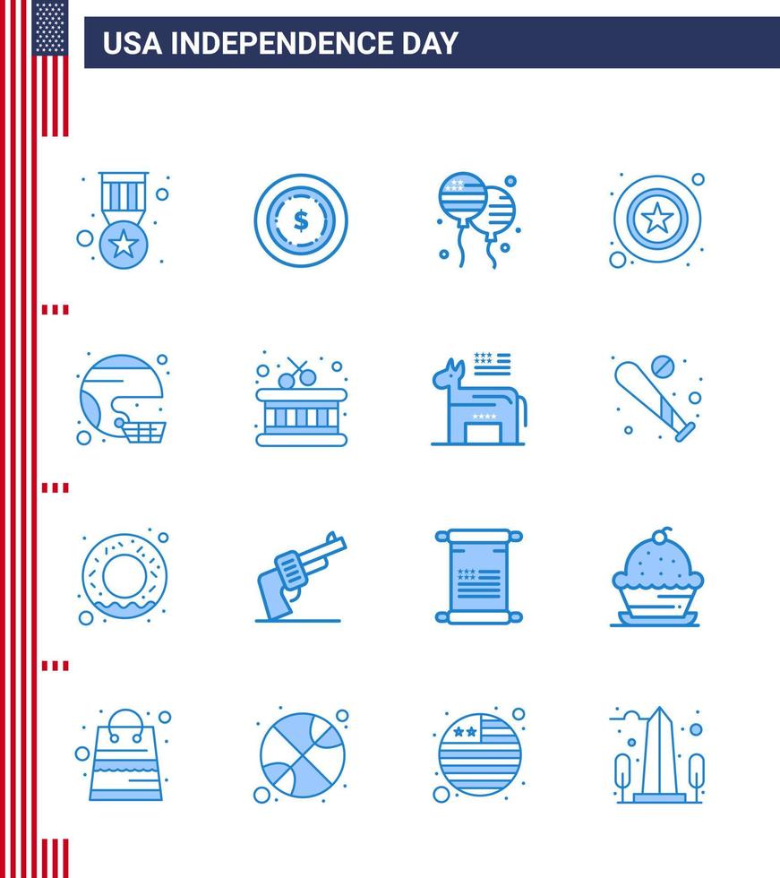 conjunto moderno de 16 azules y símbolos en el día de la independencia de EE. UU., como cascos americanos, signos de policía, elementos de diseño vectorial editables del día de EE. UU. vector