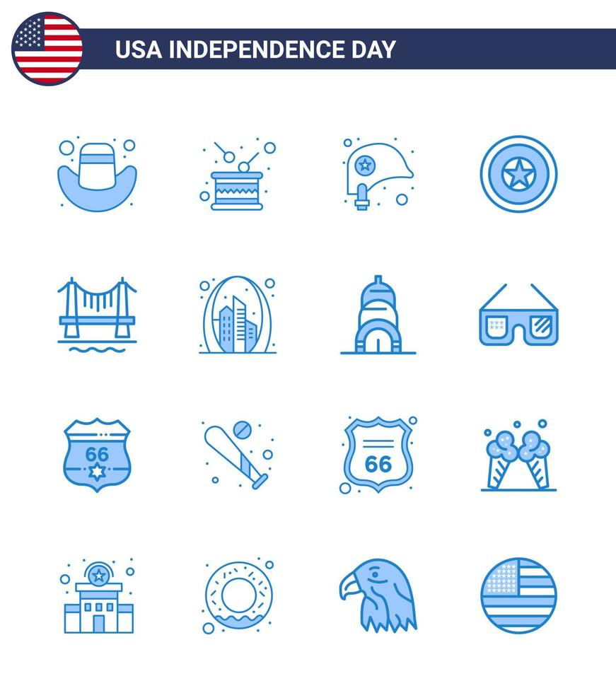Set of 16 Modern Blues pack on USA Independence Day building medal head independence day holiday Editable USA Day Vector Design Elements