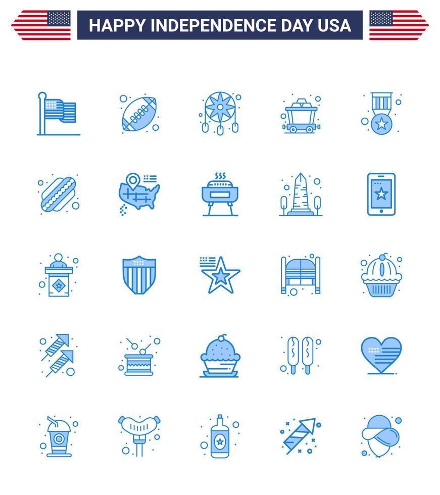 Modern Set of 25 Blues and symbols on USA Independence Day such as medal award adornment rail cart Editable USA Day Vector Design Elements