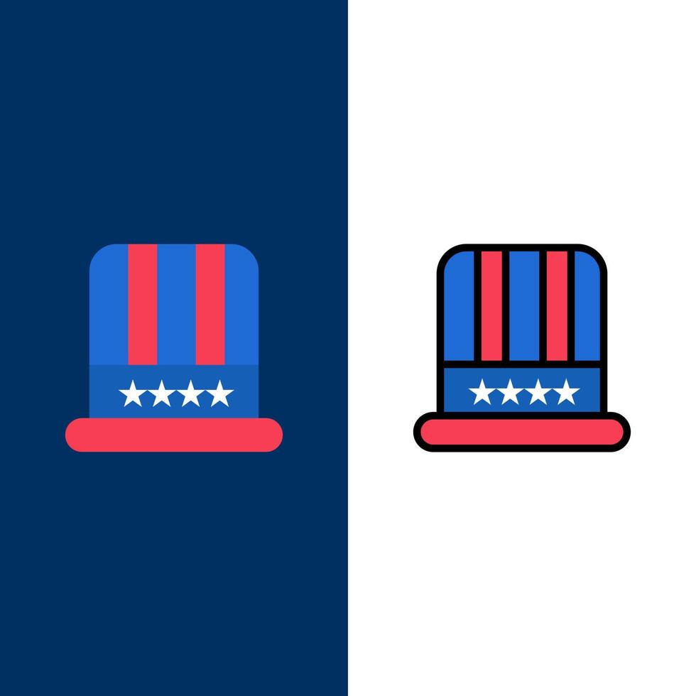 hat cap american usa iconos planos y llenos de línea conjunto de iconos vector fondo azul