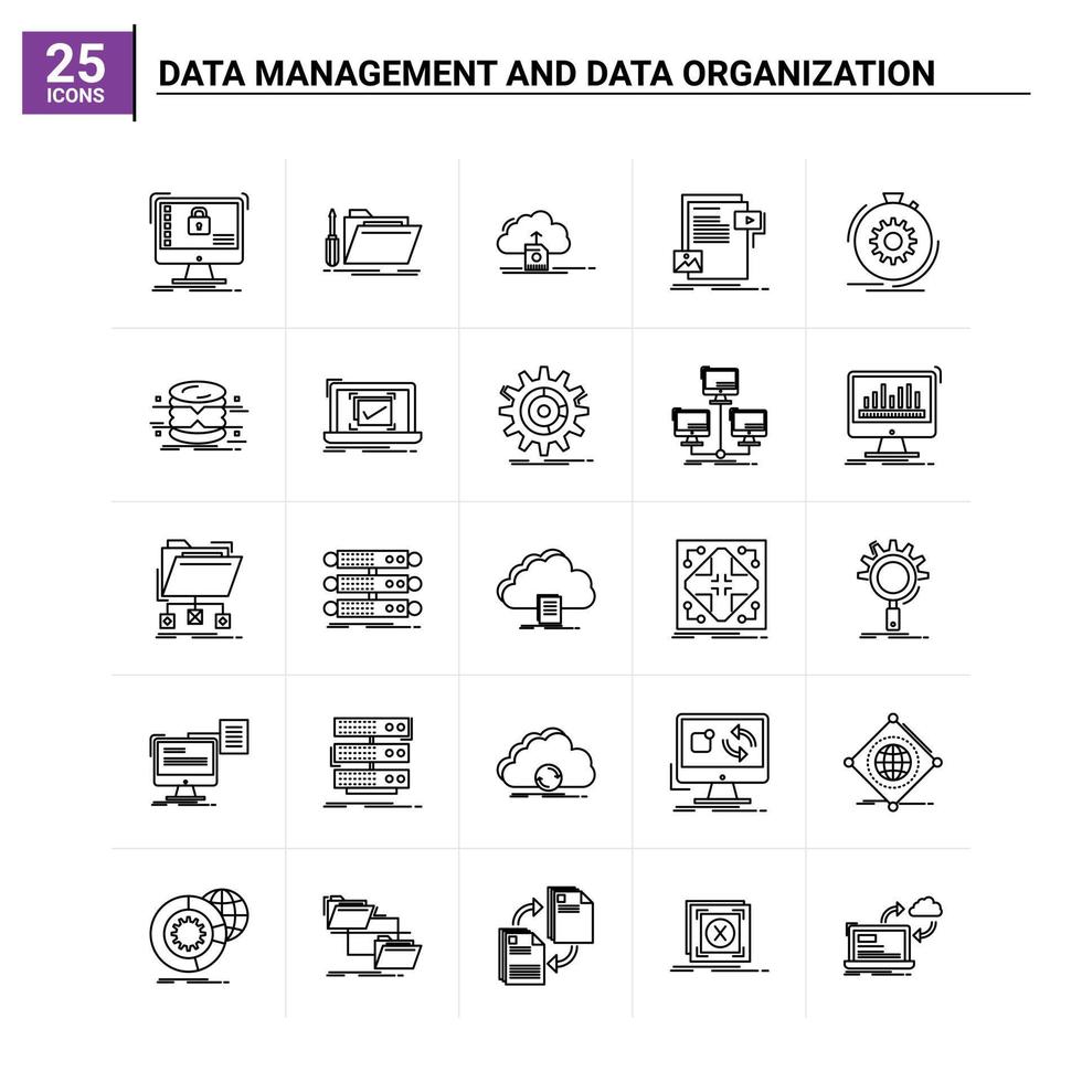 25 Data Management And Data Organization icon set vector background
