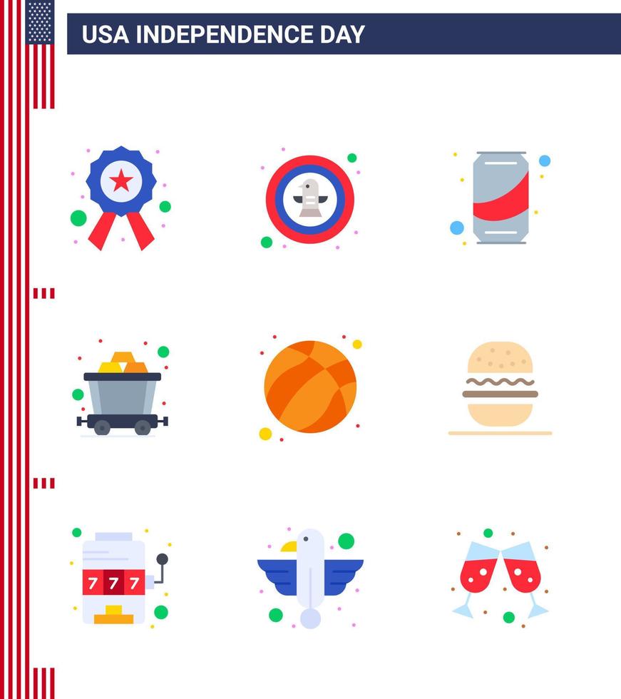 Pack of 9 creative USA Independence Day related Flats of ball rail badge mine cola Editable USA Day Vector Design Elements