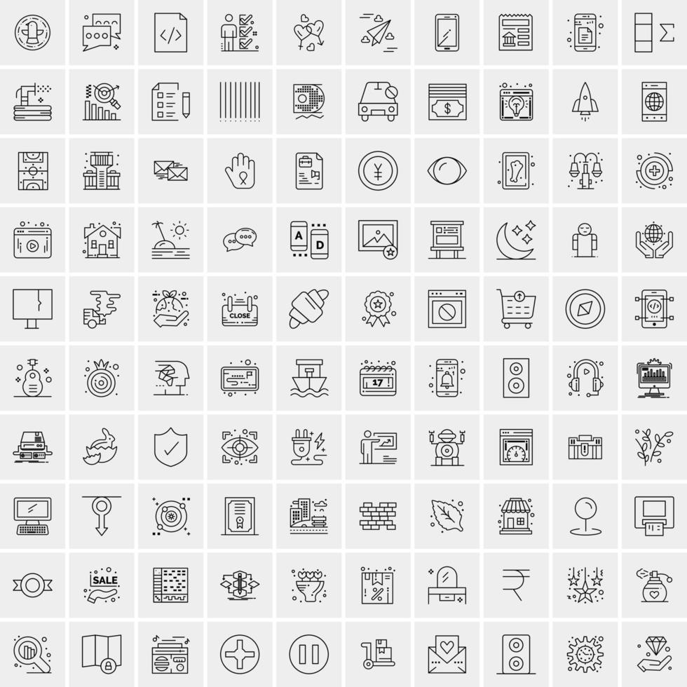 100 Universal Black Line Icons on White Background vector