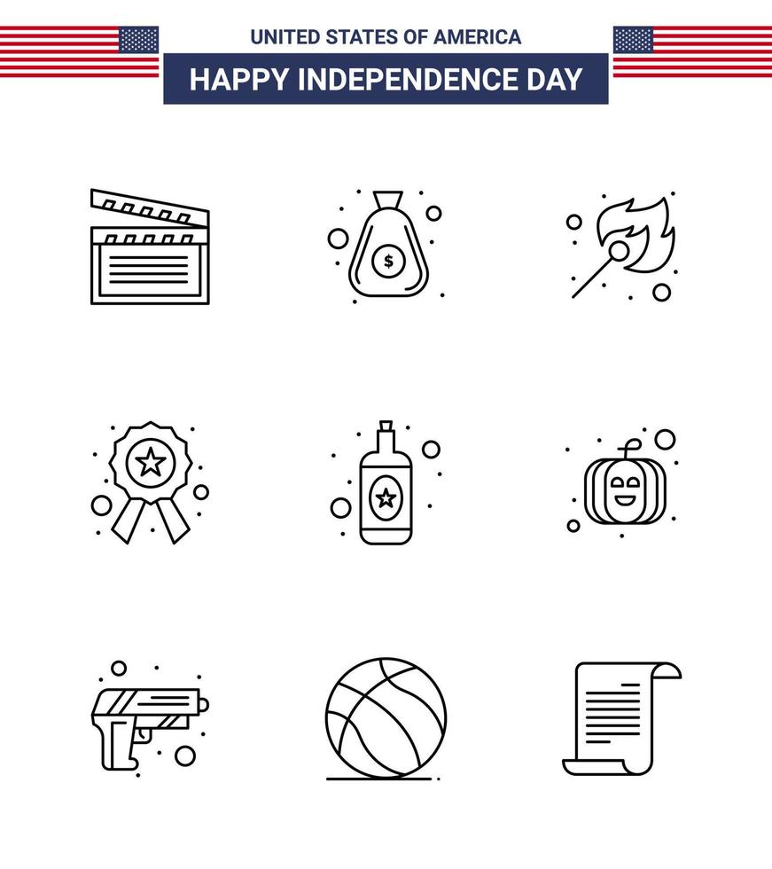Happy Independence Day USA Pack of 9 Creative Lines of bottle sign camping star badge Editable USA Day Vector Design Elements