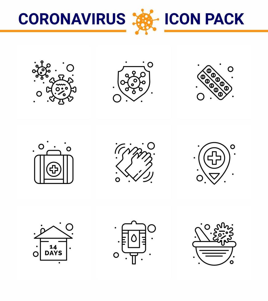 9 Line Coronavirus Covid19 Icon pack such as hands kit drugs emergency medicine viral coronavirus 2019nov disease Vector Design Elements