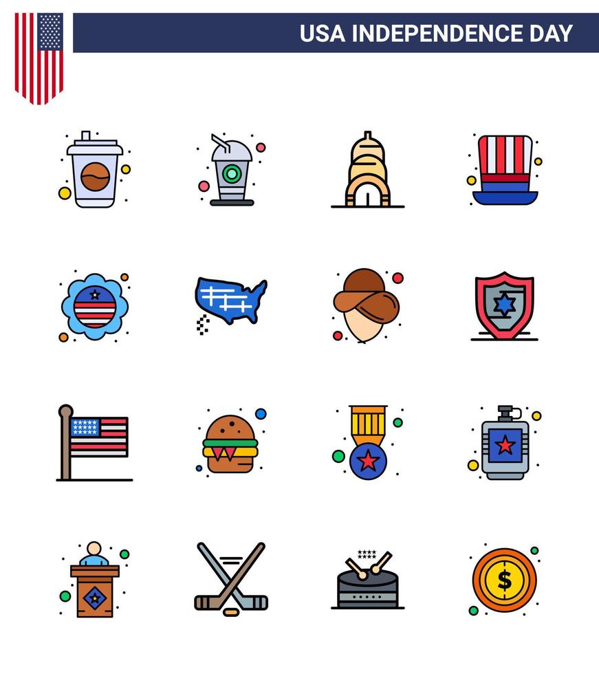 conjunto de 16 iconos del día de los ee.uu. símbolos americanos signos del día de la independencia para el mapa unido sombrero insignia bandera editable elementos de diseño del vector del día de los ee.uu.