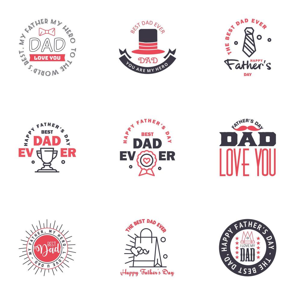 9 conjunto negro y rosa de vector feliz día del padre tipografía iconos vintage letras para tarjetas de felicitación pancartas diseño de camiseta elementos de diseño vectorial editables del día del padre