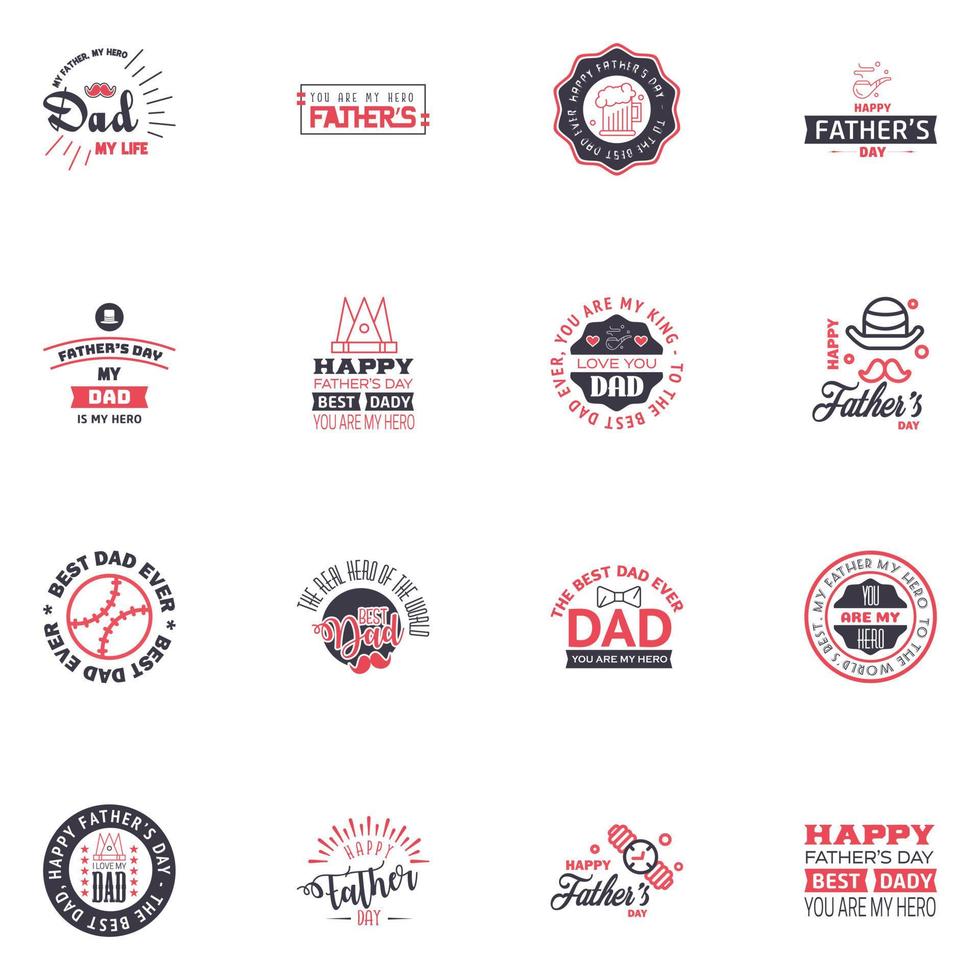 Happy Fathers day greeting hand lettering badges 16 Black and Pink Typo isolated on white Typography design template for poster banner gift card t shirt print label sticker Retro vintage style vector