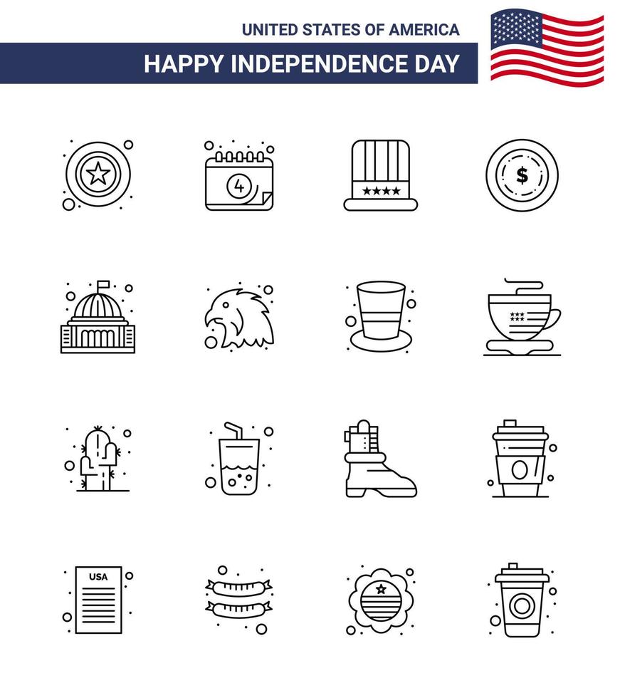 Big Pack of 16 USA Happy Independence Day USA Vector Lines and Editable Symbols of house place hat maony american Editable USA Day Vector Design Elements