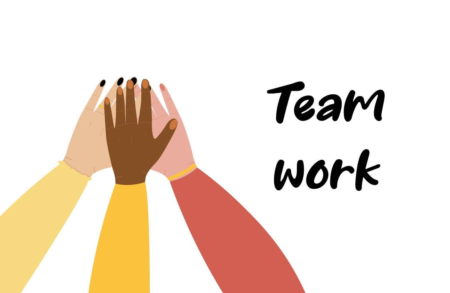 Women team work hands illustration. Leader diverse females in office celebrating success. vector