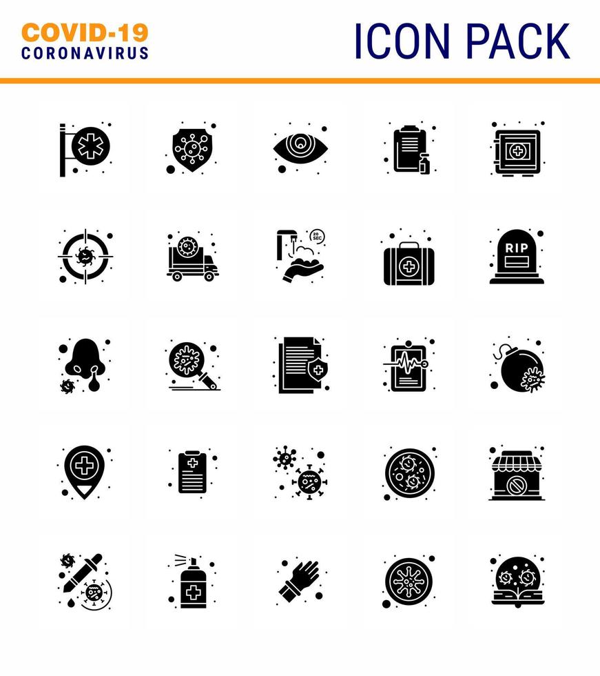 CORONAVIRUS 25 Solid Glyph Icon set on the theme of Corona epidemic contains icons such as medical medicine eye care report healthcare viral coronavirus 2019nov disease Vector Design Elements