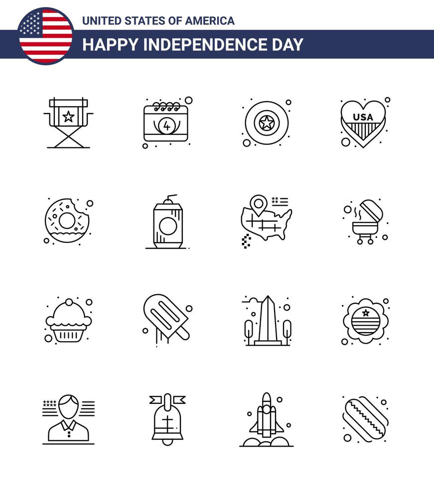 Group of 16 Lines Set for Independence day of United States of America such as round usa day love american Editable USA Day Vector Design Elements