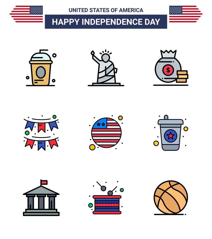 paquete grande de 9 estados unidos feliz día de la independencia líneas planas llenas de vectores de estados unidos y símbolos editables de empavesados de fiesta estatua dinero americano editable elementos de diseño de vectores del día de estados unidos