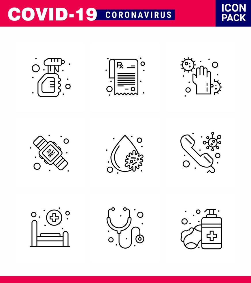 9 Line Set of corona virus epidemic icons such as blood twenty covid seconds infect viral coronavirus 2019nov disease Vector Design Elements