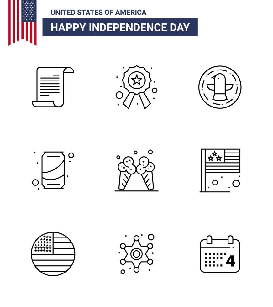 9 USA Line Signs Independence Day Celebration Symbols of ice cola american soda beer Editable USA Day Vector Design Elements