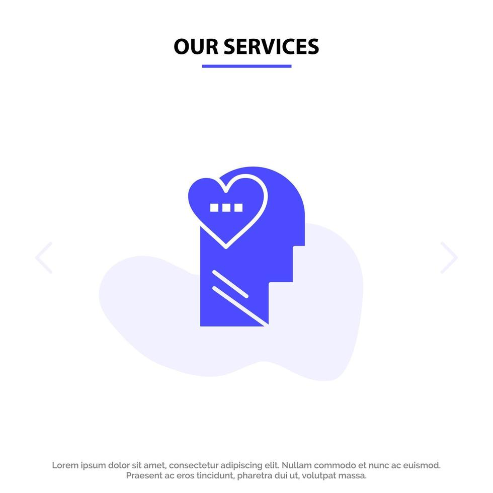 nuestros servicios sentimientos amor mente cabeza icono de glifo sólido plantilla de tarjeta web vector